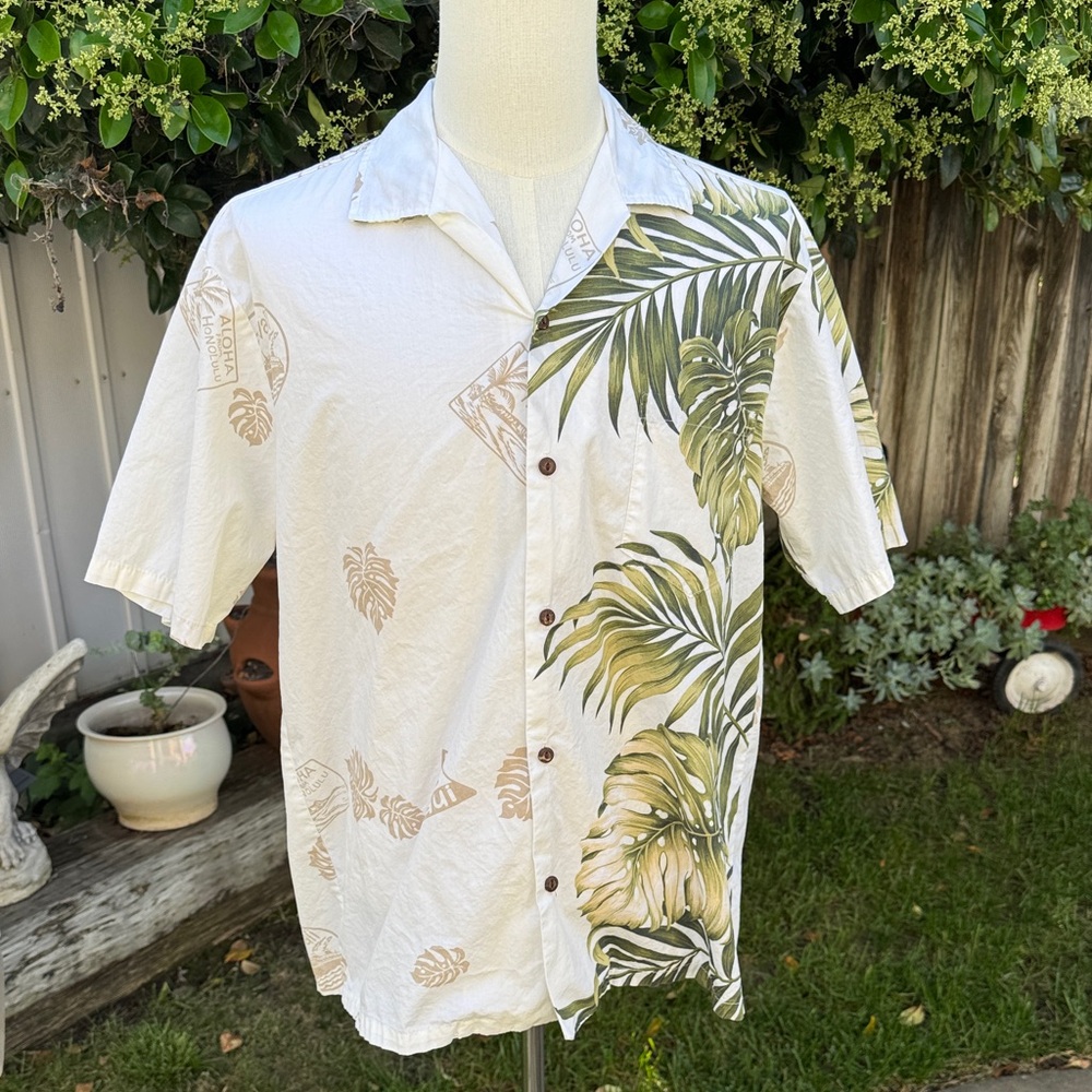 Vtg Blue Hawaii Monstera Ferns Hawaiian Aloha Ivory Button Down Shirt Men's XL
